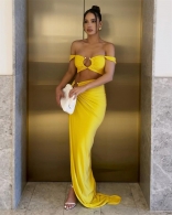 Yellow Two Pieces Strapless Crop Top Pleated Slit Sexy Party Maxi Dress