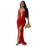 Red Sleeveless Deep V Neck Mesh Pleated See Through Slit Prom Evening Maxi Dress