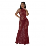 Claret Sleveless Lace Hollow See Through Party Women Long Dress