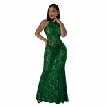Green Sleveless Lace Hollow See Through Party Women Long Dress