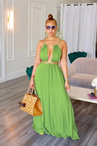 Green Halter Hollow Out Sleeveless Party Backless Solid Club Maxi Dress