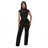 Black Short Sleeve Lace Hollow Out Solid Sexy Street Wide Leg Jumpsuits