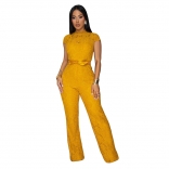 Yellow Short Sleeve Lace Hollow Out Solid Sexy Street Wide Leg Jumpsuits