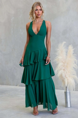Green Deep V Neck Straps Ruffles Pleated Holiday Maxi Dress