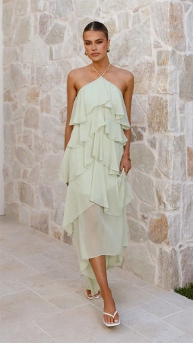 Green Off Shoulder Halter Neck Mesh Ruffles Women Summer Fashion Long Dress