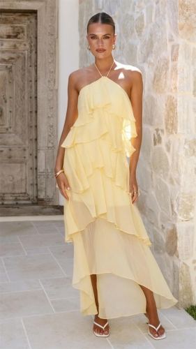 Yellow Off Shoulder Halter Neck Mesh Ruffles Women Summer Fashion Long Dress