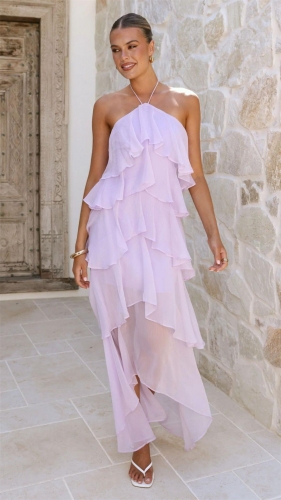 Purple Off Shoulder Halter Neck Mesh Ruffles Women Summer Fashion Long Dress