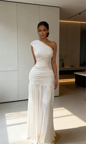 White Off Shoulder One Sleeve Mesh Pleated Luxury Evening Maxi Dress
