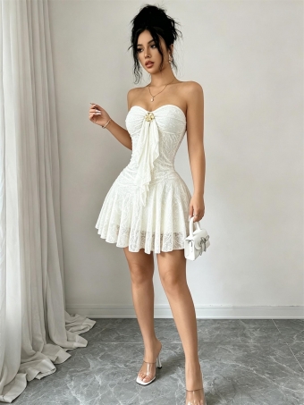 Beige Off Shoulder Lace Hollow Out Sexy Cute Birthday Mini Dress