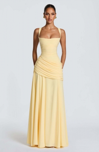 Yellow Straps Square Neck Women Elegant Party Evening Gowns Maxi Dress