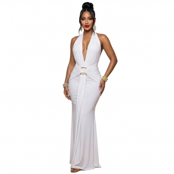 White Sleeveless Deep V Neck Halter Pleated Rings Women Evening Formal Birthday Maxi Dress