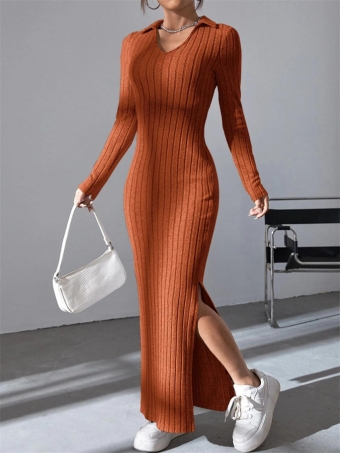Brown Long Sleeve V Neck Knitting Bodycon Women Midi Casual Dress