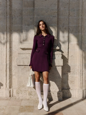 Wine Red Long Sleeve Knit Single Breast V Neck Ruffles Party Casual Mini Dress