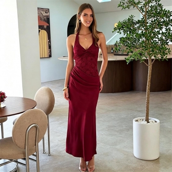 Red Straps Lace V Neck Bodycon Hollow Out Evening Maxi Dress